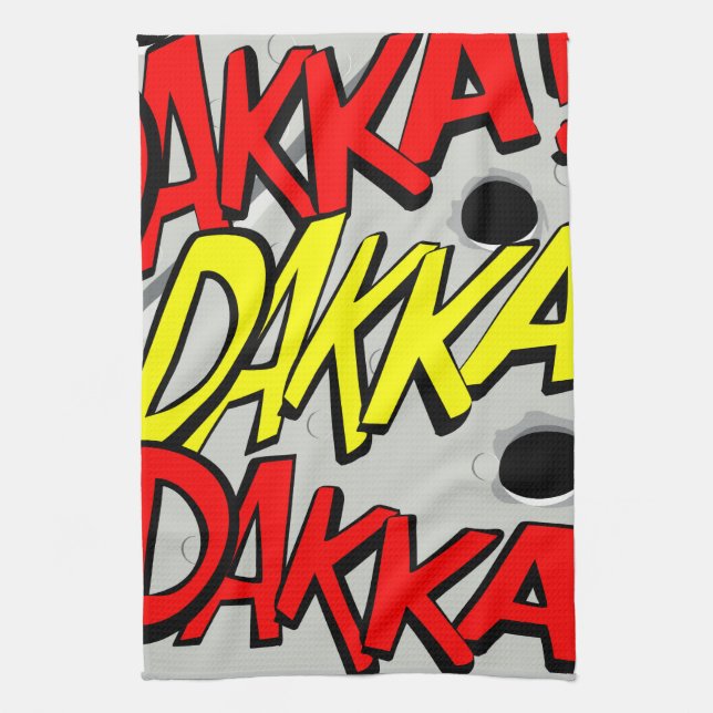 Comic-strip tea towel – dakka, dakka, dakka! (Vertical)