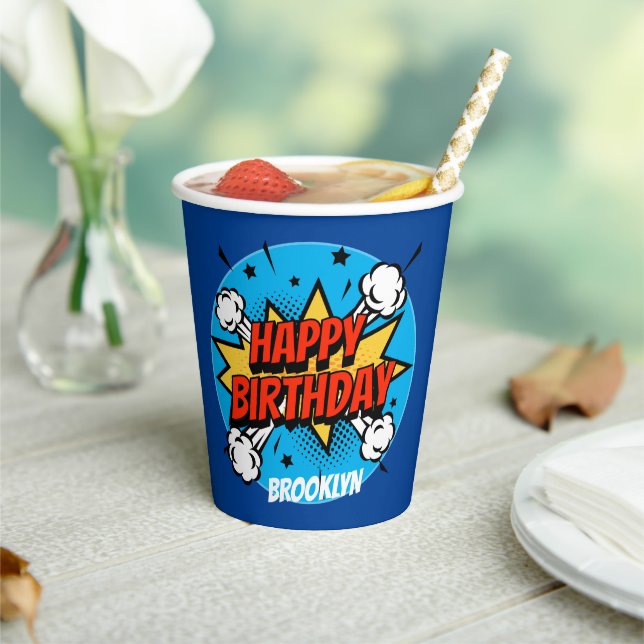 Comic style Birthday Boy typography splash Paper Cups (Insitu)