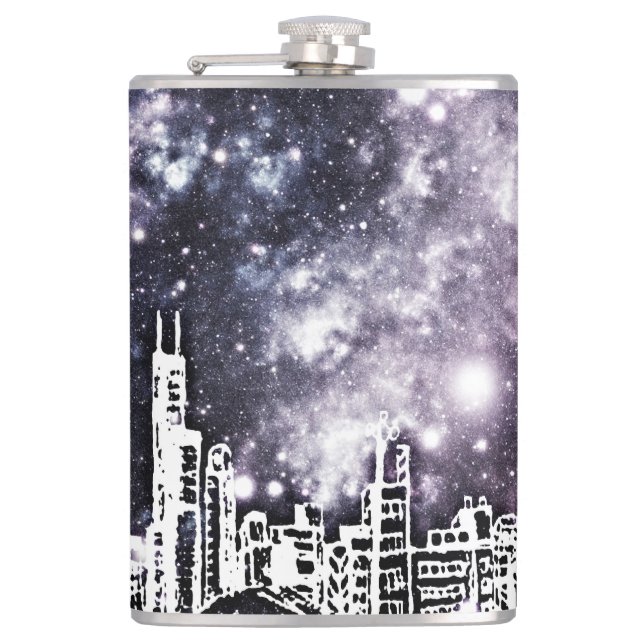 Comic Style Black & White City Skyline Galaxy Hip Flask (Front)