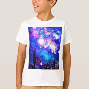 Comic Style City Skyline & Milky Way Night Sky T-Shirt
