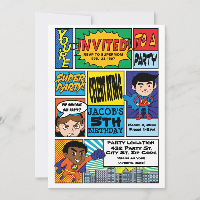 Comic Style Hero Birthday Invitations (Front)
