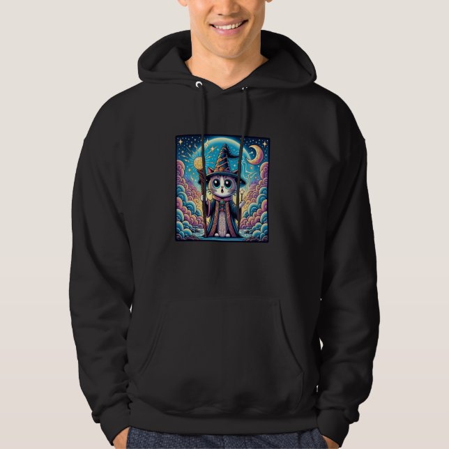 Comic Style Kitten Lover Funny Reaction Wizard Cat Hoodie (Front)