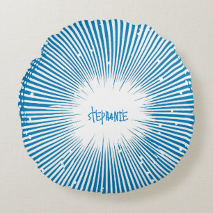 Comic Style Pop Art Explosion - Blue and White Round Pillow