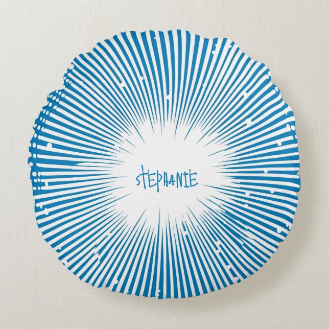 Comic Style Pop Art Explosion - Blue and White Round Pillow (Front)