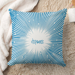 Comic Style Pop Art Explosion - Blue and White Throw Pillow