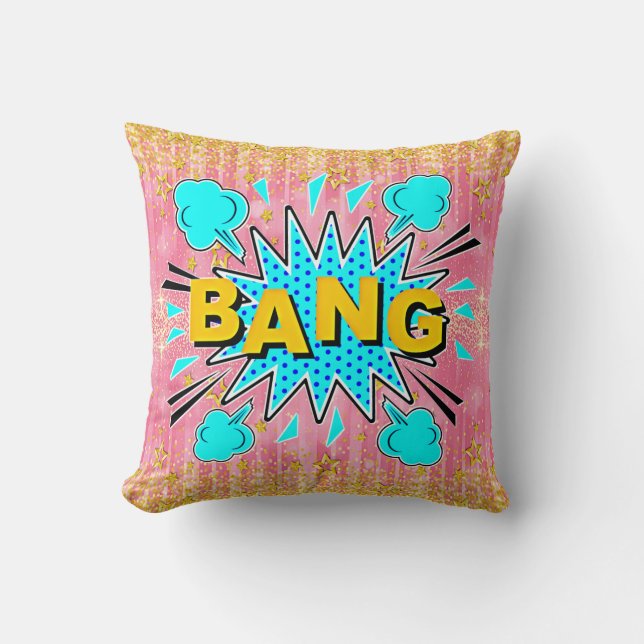 Comic Style Pop Art Retro Aqua Blue Gold BANG Throw Pillow (Front)