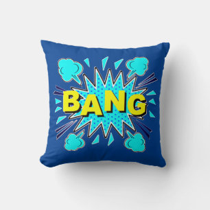 Comic Style Pop Art Retro Aqua Blue Yellow BANG Throw Pillow