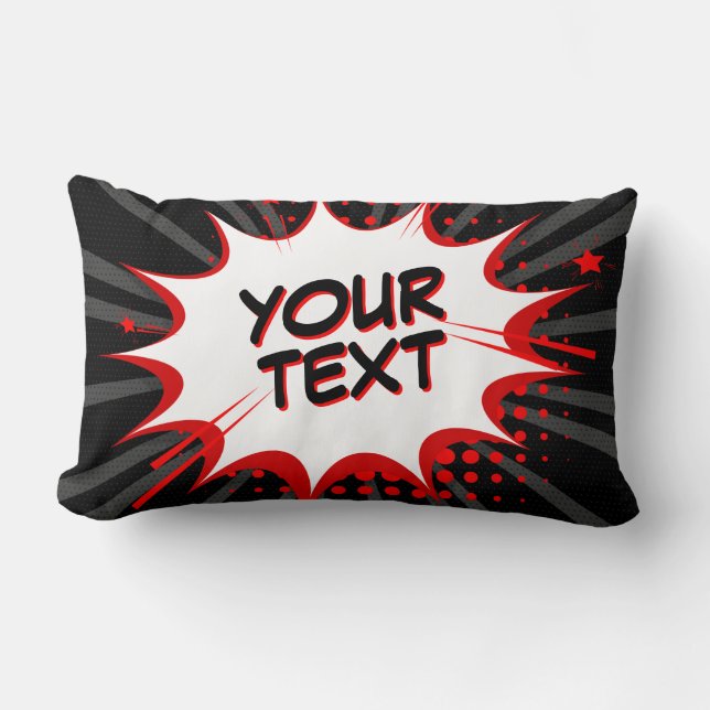 Comic Style Pop Art Retro Black Grey Red YOUR TEXT Lumbar Pillow (Front)