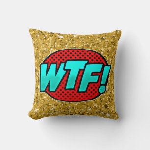 Comic Style Pop Art Retro Blue Aqua Red Gold WTF Throw Pillow