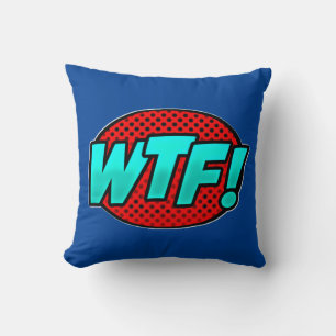 Comic Style Pop Art Retro Blue Aqua Red WTF Throw Pillow