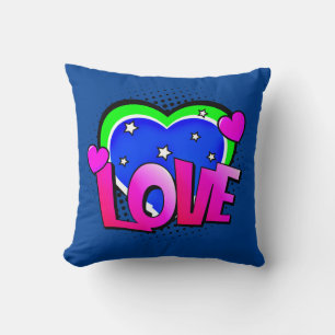 Comic Style Pop Art Retro Blue Pink Green LOVE  Throw Pillow