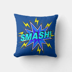 Comic Style Pop Art Retro Blue Yellow Aqua SMASH Throw Pillow