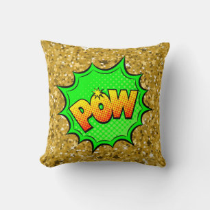 Comic Style Pop Art Retro Green Yellow Gold POW Throw Pillow