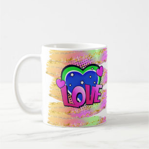 Comic Style Pop Art Retro Mauve Green LOVE Rainbow Coffee Mug