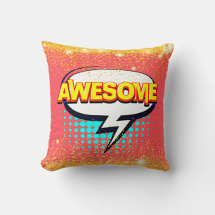 Comic Style Pop Art Retro Pink AWESOME Text Throw Pillow