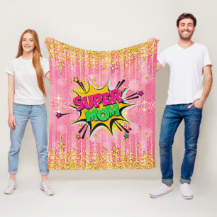 Comic Style Pop Art Retro Pink Gold Super Mom Fle Fleece Blanket