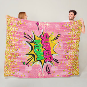 Comic Style Pop Art Retro Pink Gold Super Mom Fleece Blanket