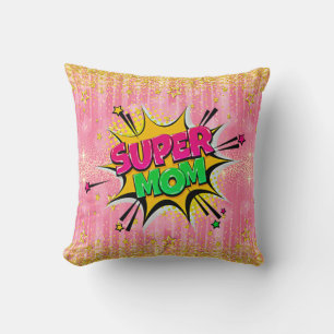 Comic Style Pop Art Retro Pink Super Mom Throw Pil Pillow