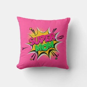 Comic Style Pop Art Retro Pink Super Mom Throw Pillow