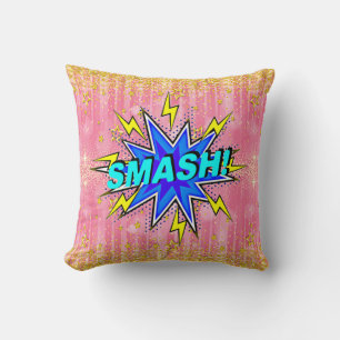 Comic Style Pop Art Retro Pink Yellow Blue SMASH Throw Pillow