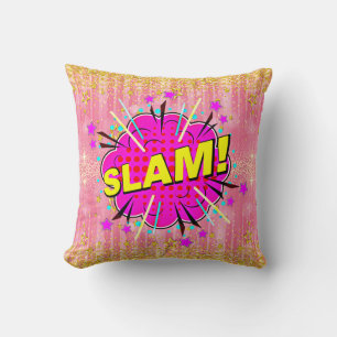 Comic Style Pop Art Retro Pink Yellow Gold SLAM Throw Pillow