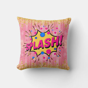 Comic Style Pop Art Retro Pink Yellow Gold SPLASH Throw Pillow