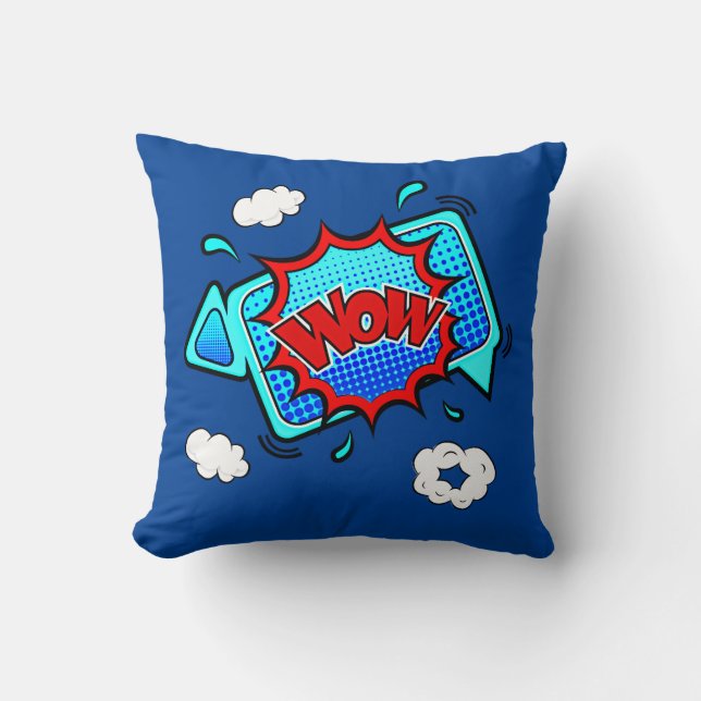 Comic Style Pop Art Retro  Red Blue WOW  Throw Pillow (Front)