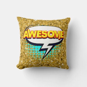Comic Style Pop Art Retro Stars Pink AWESOME Text  Throw Pillow