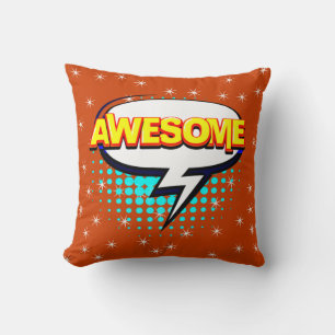 Comic Style Pop Art Retro Stars Pink AWESOME Text Throw Pillow