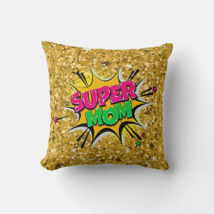Comic Style Pop Art Retro Stars Pink Super Mom  Th Throw Pillow