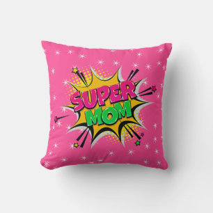 Comic Style Pop Art Retro Stars Pink Super Mom Throw Pillow