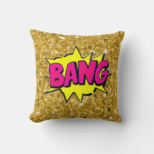 Comic Style Pop Art Retro Yellow Pink Gold BANG    Throw Pillow