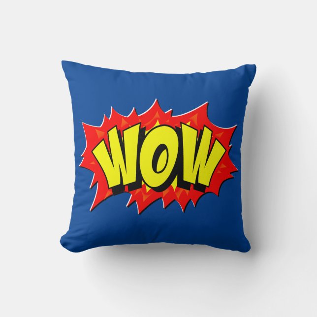 Comic Style Pop Art Retro Yellow Red Blue WOW Throw Pillow (Front)