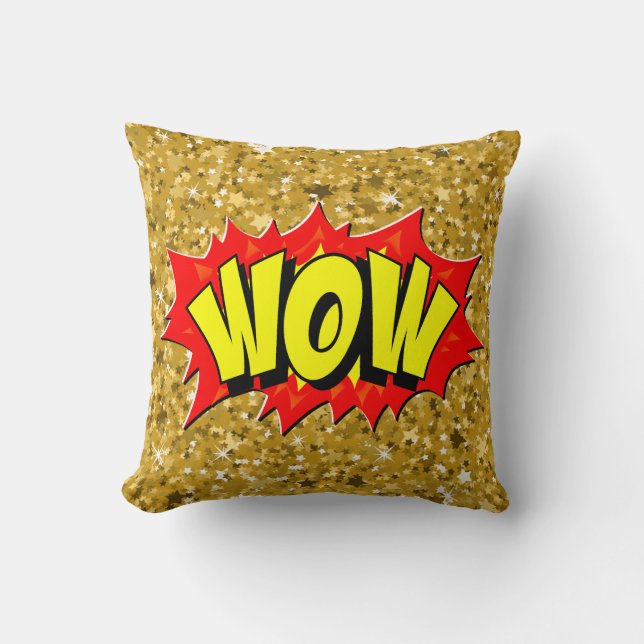 Comic Style Pop Art Retro Yellow Red Gold WOW      Throw Pillow (Front)