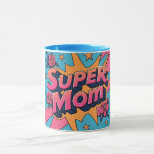 Comic Style Super Mom Flowers Stars Mothers Day  Mug