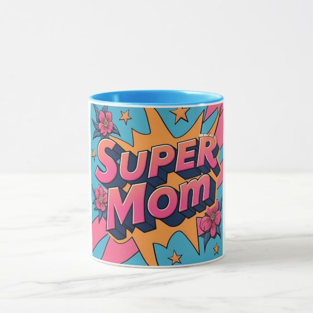 Comic Style Super Mom Flowers Stars Mothers Day  Mug (Center)