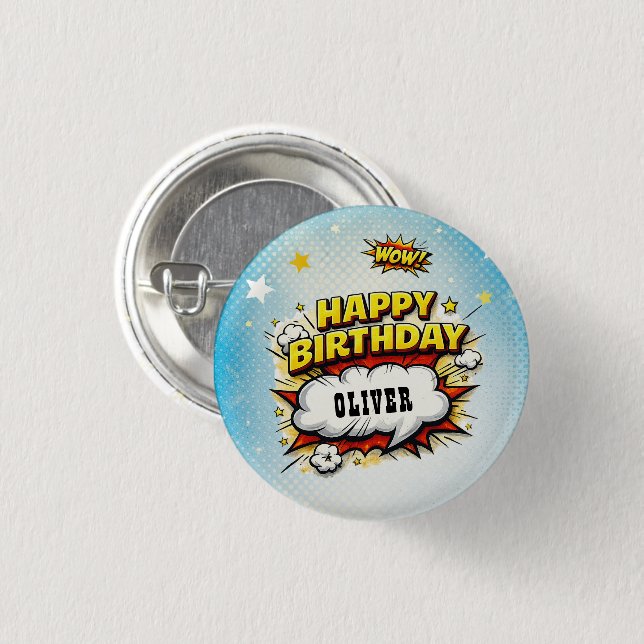 Comic Style Superhero Boy's Name Birthday  1 Inch Round Button (Front & Back)