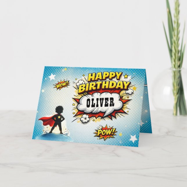 Comic Style Superhero Boy's Name Birthday Card (Front)