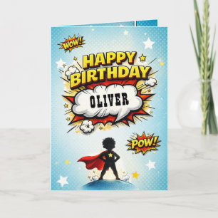 Comic Style Superhero Boy's Name Birthday Card
