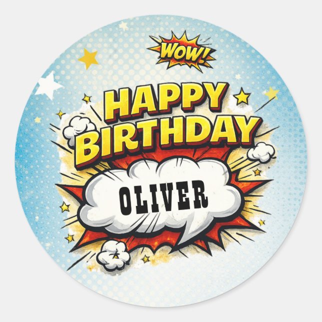 Comic Style Superhero Boy's Name Birthday  Classic Round Sticker (Front)