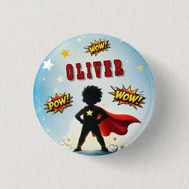 Comic Style Superhero Boy's Name Birthday Party 1 Inch Round Button (Front)