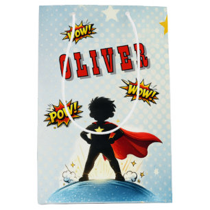 Comic Style Superhero Boy's Name Birthday Party Medium Gift Bag