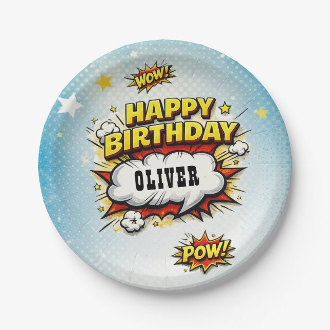 Comic Style Superhero Boy's Name Birthday Party  Paper Plate (Front)