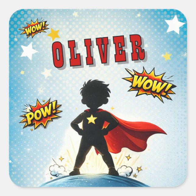 Comic Style Superhero Boy's Name Birthday Square Sticker (Front)