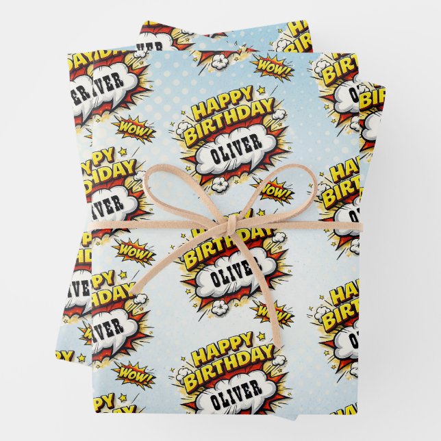 Comic Style Superhero Boy's Name Birthday  Wrapping Paper Sheet (In situ)
