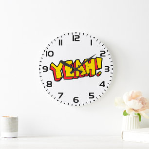Comic Style Yeah Text Graphic in Bold Yellow Large Clock