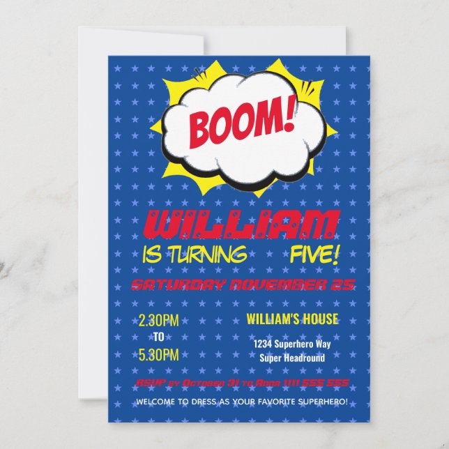 Comic Super Hero Blue Personalized Kids Birthday Invitation (Front)