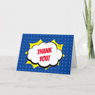 Comic Super Hero Blue Personalized Kids Thank You Card