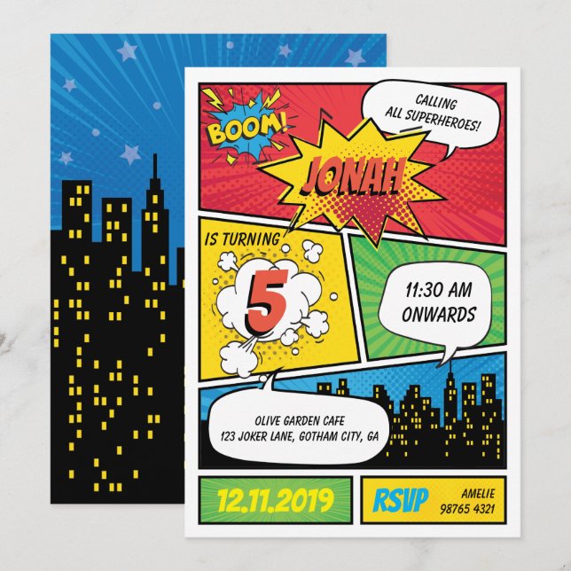 Comic Superhero Birthday Invitation (Front/Back)
