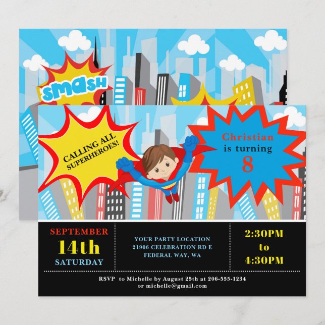 Comic Superhero Boy Invitation de fête d'anniversa (Devant / Derrière)